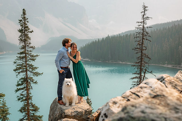 engagement photo at moraine lake with dog