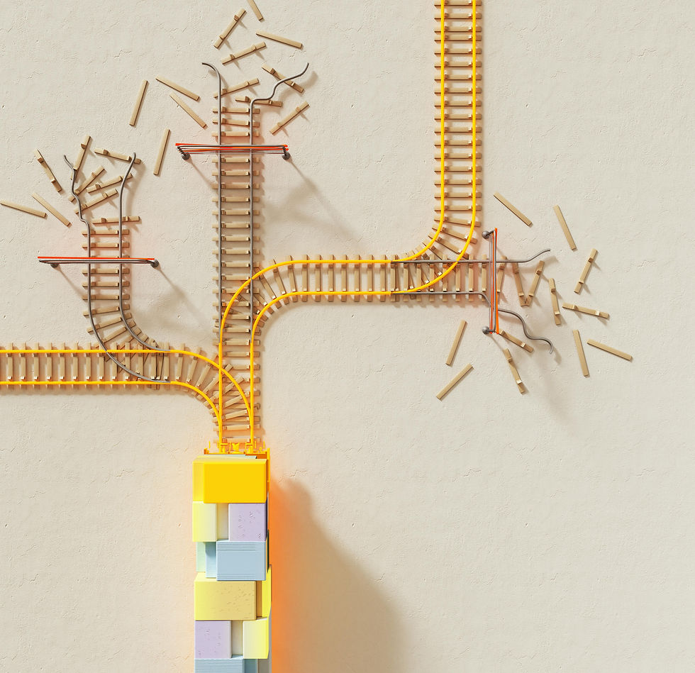 A visual metaphor of a streamlined building content system, represented by a colorful tower and complex network of divergent train tracks.