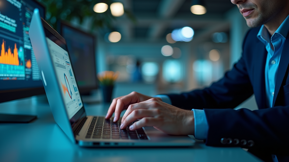 Close-up view of a cybersecurity professional analyzing compliance data on a laptop