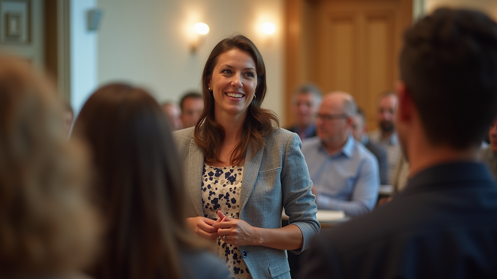Eye-level view of Kelly Gatts speaking at a community event