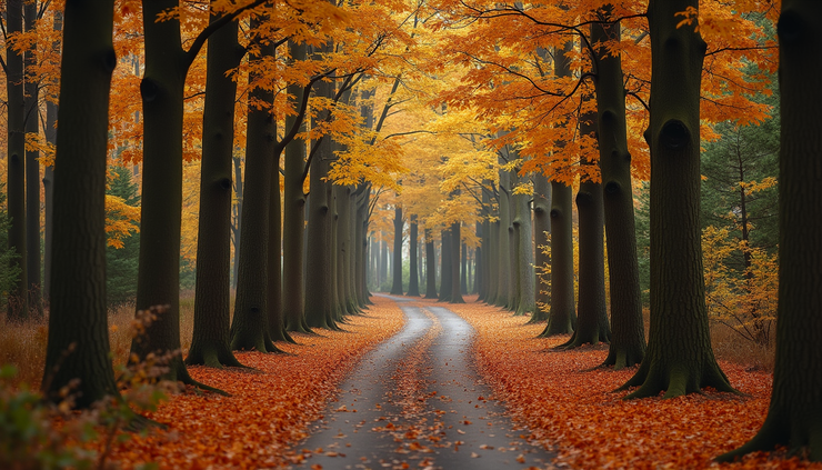 Eye-level view of a winding forest path surrounded by tall trees in autumn