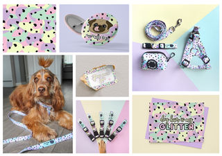 Pastel camouflage repeat print for dog brand Pug Doggy Dog harness, collar, lead, poop bag dispenser