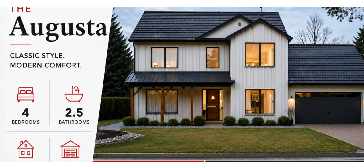 A social media marketing graphic from Red Door Homes featuring a two-story modern farmhouse with white vertical siding and black trim titled "The Augusta." An informational sidebar lists home specifications including 4 bedrooms, 2.5 bathrooms, 2 stories, and a 2-car garage.