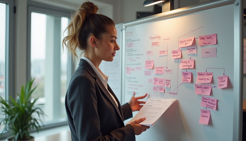 Woman creates a strategic plan on a whiteboard.