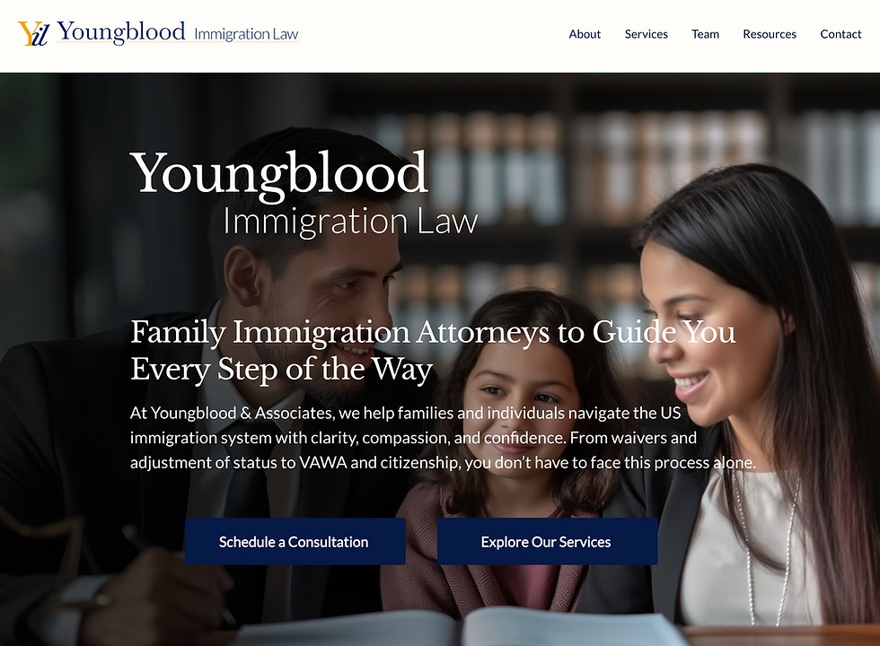 A website homepage layout for Youngblood Immigration Law featuring the headline "Family Immigration Attorneys to Guide You Every Step of the Way." The background features a warm photograph of a professional man and woman looking down smiling with a young girl. The design includes main navigation links and two prominent blue call-to-action buttons labeled "Schedule a Consultation" and "Explore Our Services."