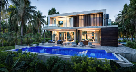 Modern luxury house rendering with large swimming pool and elegant outdoor patio.