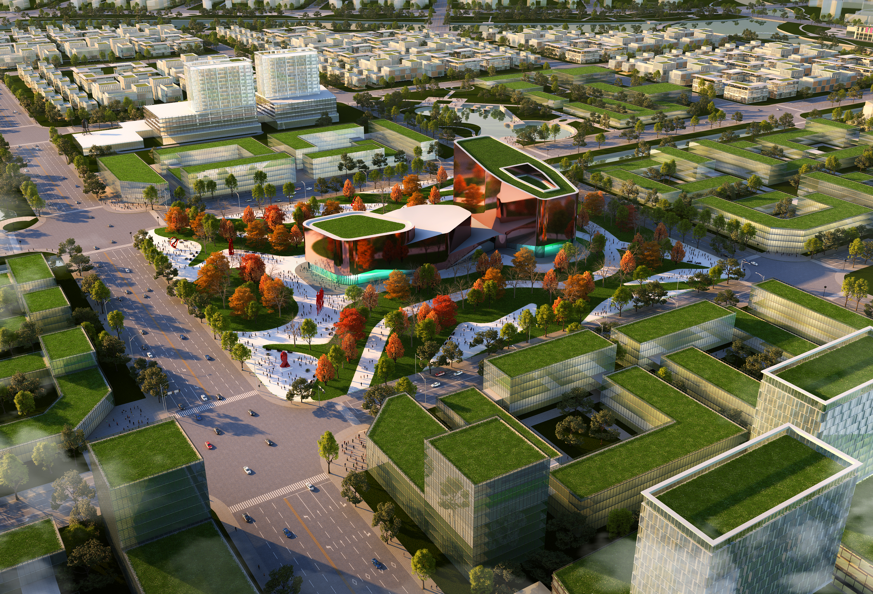 Aerial city green roofs