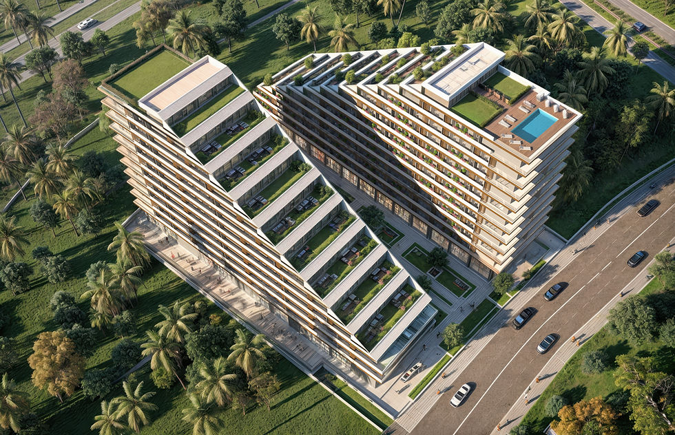 Aerial view of modern render, angular residential complex with green roofs and pool.