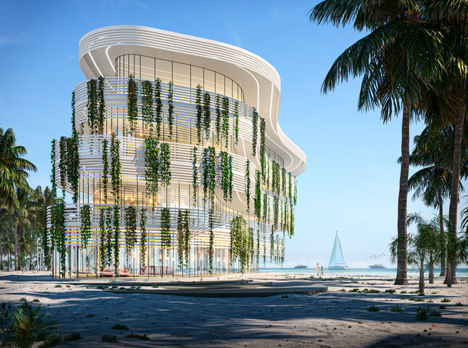 A rendering of a house in the forest, dusk time.