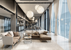 Modern luxurious lounge rendering area with contemporary sofas and spherical lights.