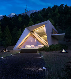 Modern triangular house rendering service with illuminated interior, nestled in a dark forest.