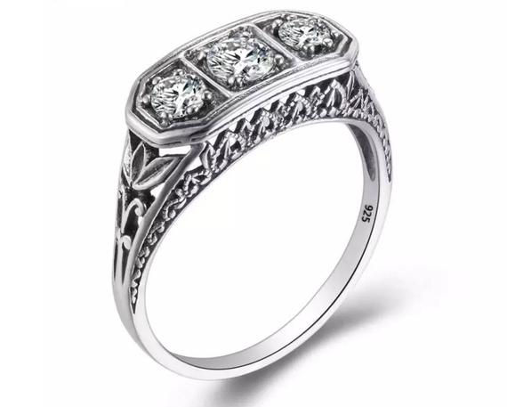 Thumbnail: Studiodragonfly19 Memorial Ash Vintage Sterling Silver 3 Stone Cremation Ring