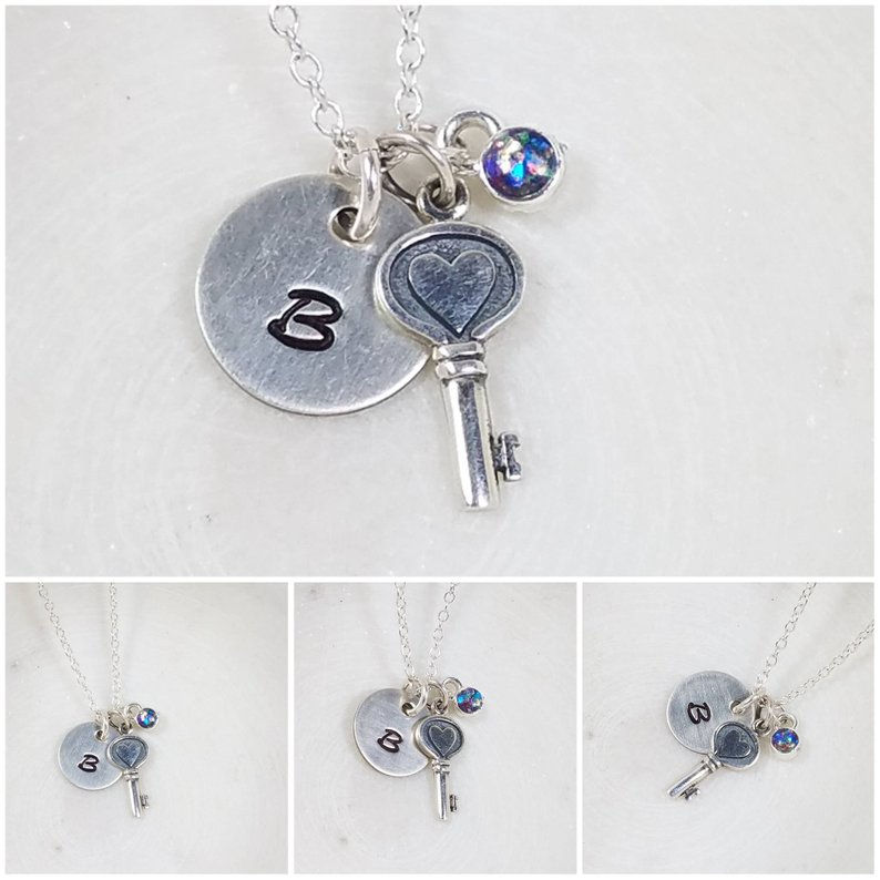 Thumbnail: Memorial Ash Sterling Silver Key Heart Initial Pendant Necklace /Cremation Neckl