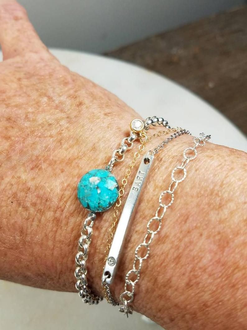 Thumbnail: Memorial Ash Cremation Round Turquoise and Sterling Silver Bracelet/Cremation Br