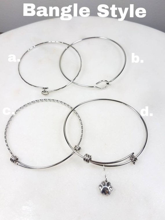 Thumbnail: Memorial Ash Stainless Steel Sterling Silver Paw Cremation Charm Bangle Bracelet