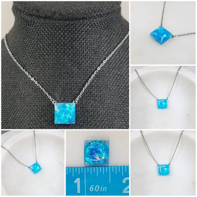Thumbnail: Memorial Cremation Faceted Square Ash Pendant Necklace/ Pet Memorial/ Cremation