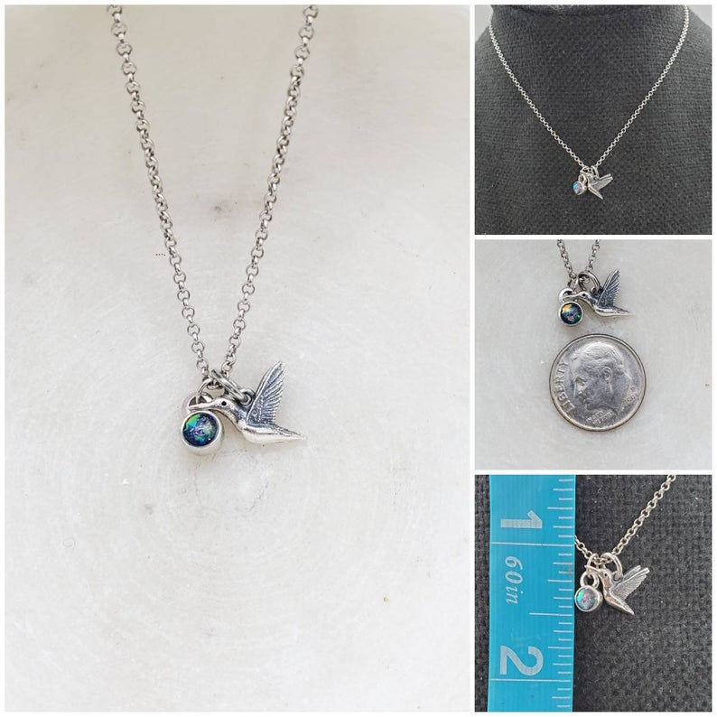 Thumbnail: Memorial Ash Sterling Silver Hummingbird Necklace/Cremation Pendant/Pet Memorial