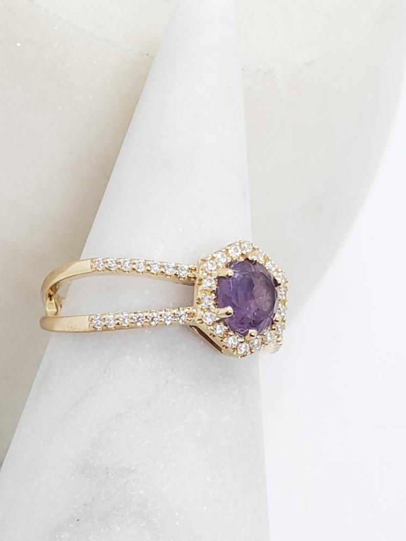Thumbnail: Studiodragonfly19 Memorial Ash Hexagon 14k Gold Amethyst Diamond Ring/Memorial
