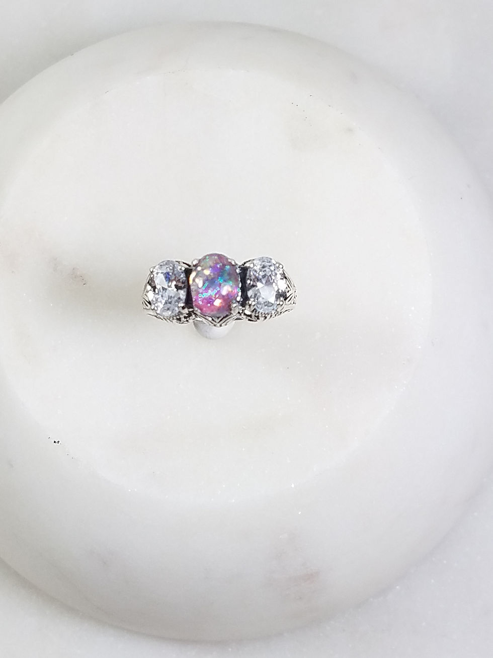 Thumbnail: Memorial Ash Cremation Vintage 3 Stone Sterling Silver CZ Ring