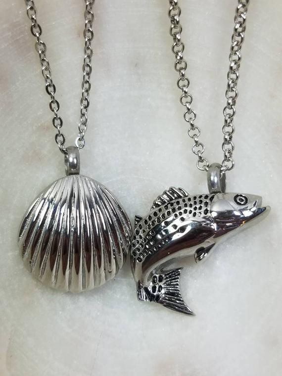 Thumbnail: items Shell or Fish Memorial Ash Stainless Steel Cremation Urn Necklace