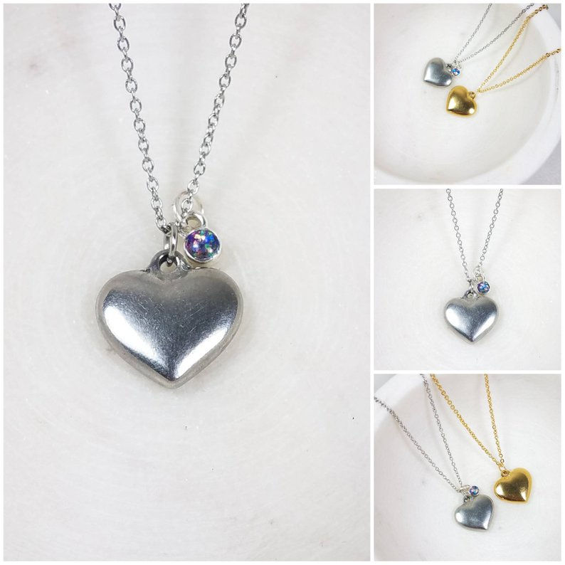 Thumbnail: Memorial Ash Stainless Steel Heart Sterling Silver Bezel Pendant Necklace/Cremat