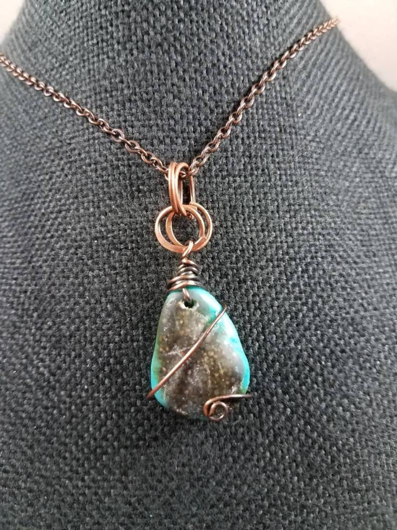 Thumbnail: Turquoise Memorial Ash Stone Copper Wire Wrapped Pendant Necklace/Cremation Pend