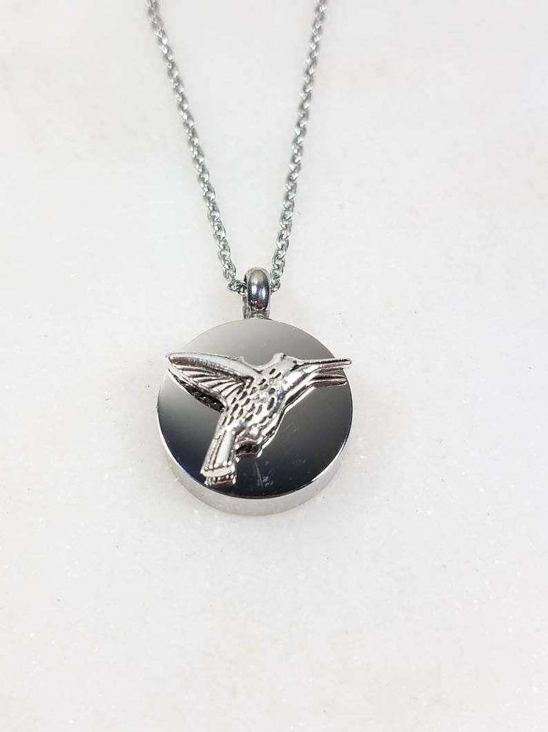 Thumbnail: Memorial Ash Stainless Steel Cremation Round Hummingbird Urn Necklace/Cremation