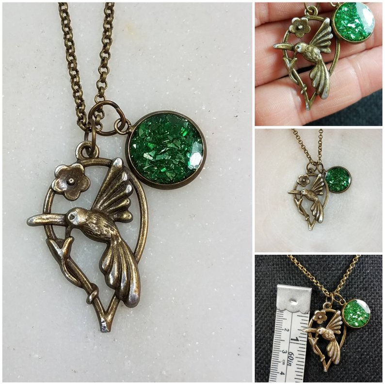 Thumbnail: Memorial Ash Bronze or Silver Hummingbird Necklace/Cremation Pendant/ Pet Memori