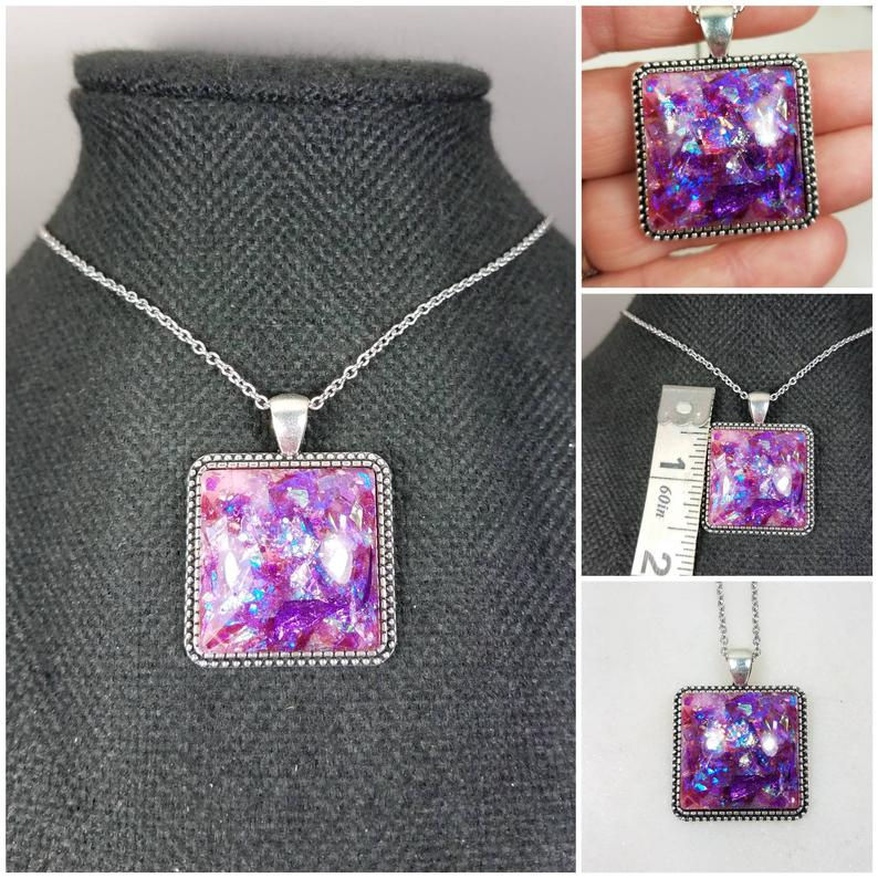 Thumbnail: Memorial Ash Square Initial Pendant Necklace /Cremation Nec