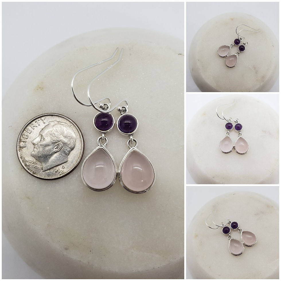 Thumbnail: Studiodragonfly19 Sterling Silver Rose Quarts and Amethyst Dangle Earrings