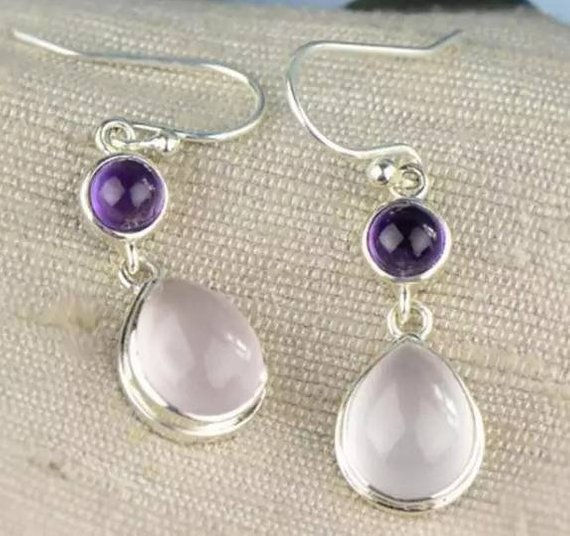 Thumbnail: Studiodragonfly19 Sterling Silver Rose Quarts and Amethyst Dangle Earrings