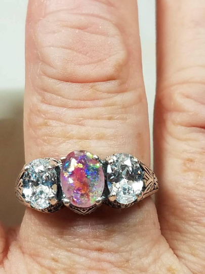Thumbnail: Memorial Ash Cremation Vintage 3 Stone Sterling Silver CZ Ring