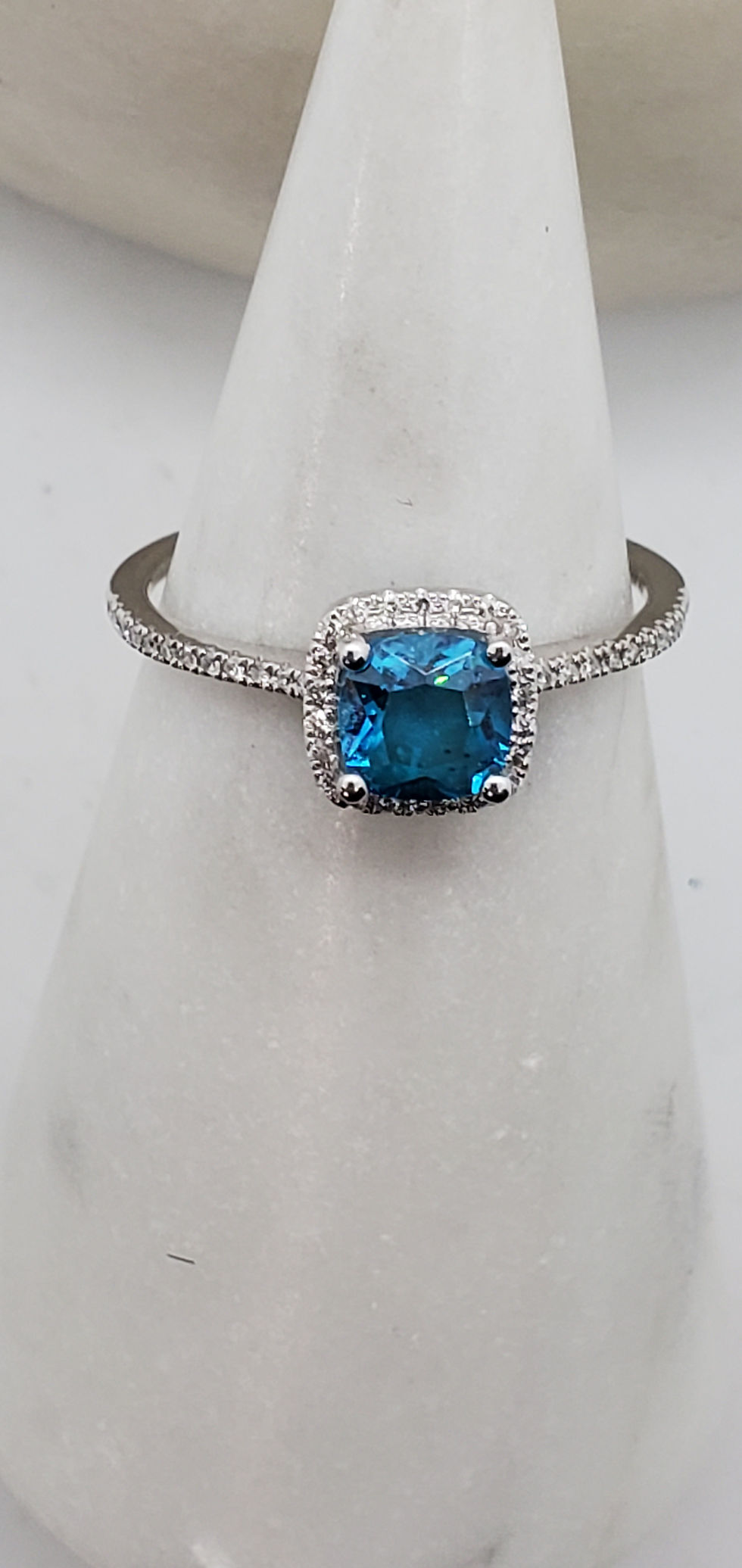 Thumbnail:  Studiodragonfly19 Blue  Memorial Ash Halo Cushion Cut 10k Gold Cubic Cre