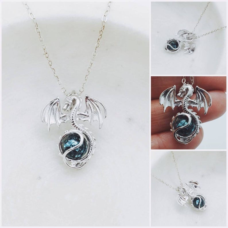 Memorial Ash Sterling Silver Dragon Locket Pendant Necklace/Cremation Pendant