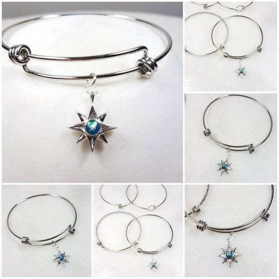 Thumbnail: Memorial Ash Stainless Steel Sterling Silver North Star Bangle Bracelet