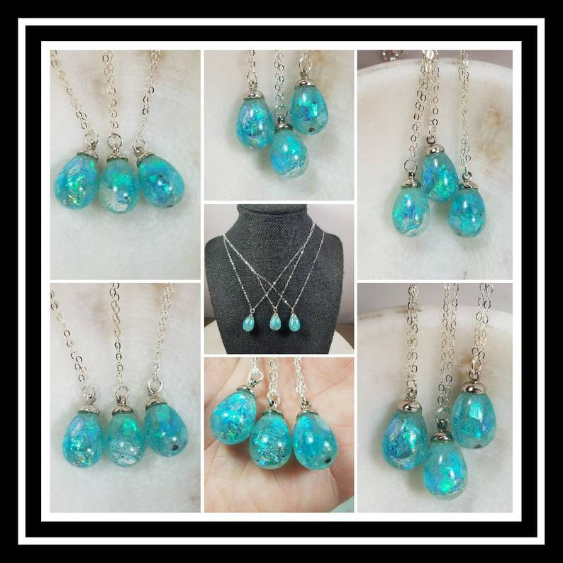 Small Glass Drop Memorial Ash Necklace/Pet Memorial Jewelry/ Sterling Silver Cha