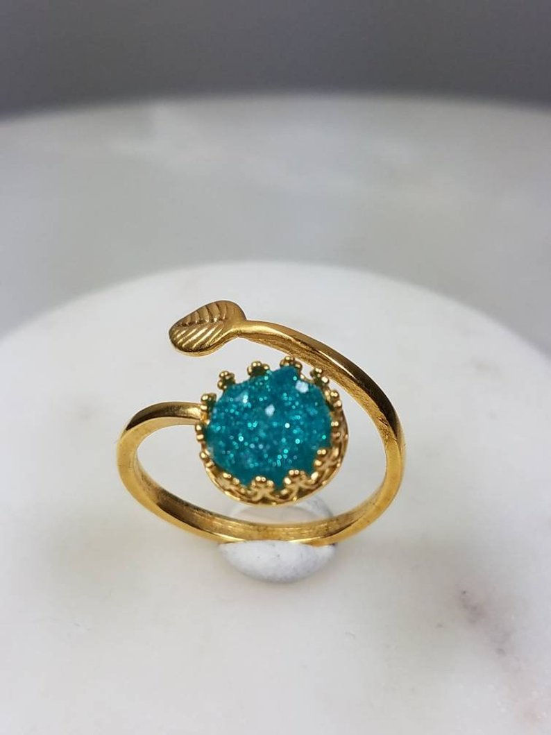 Thumbnail: Memorial Ash 24k Gold Plated Leaf Druzy Crown Ring/Memorial Ring/Memorial/Cremat