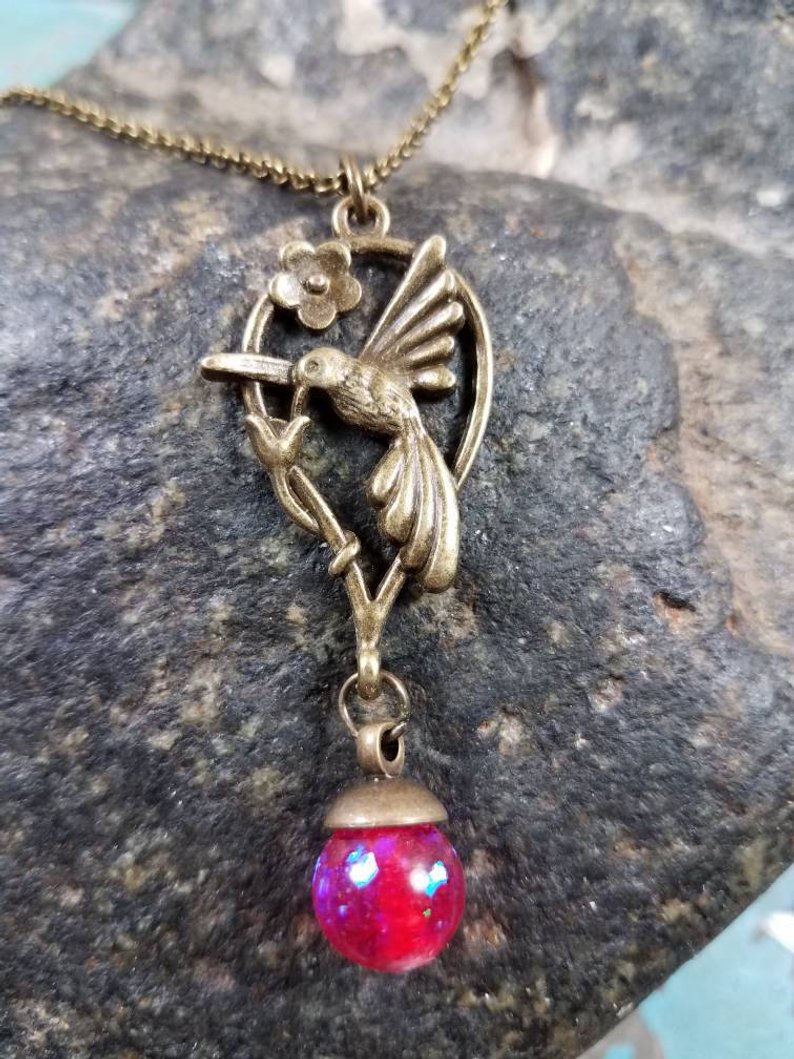 Thumbnail: Memorial Ash Silver or Bronze Hummingbird Pendant Necklace/Cremation Pendant/ Pe