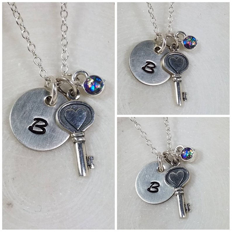 Memorial Ash Sterling Silver Key Heart Initial Pendant Necklace /Cremation Neckl