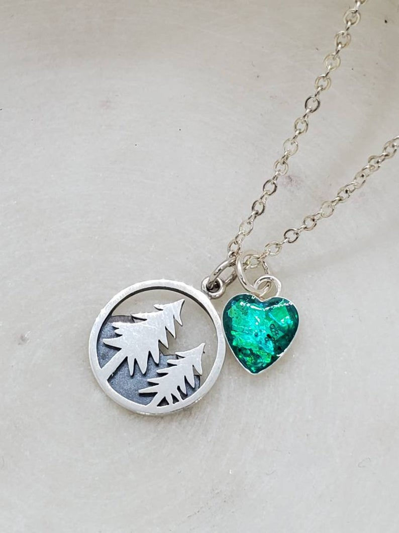 Thumbnail: Memorial Ash Sterling Silver Pine Tree Sterling Silver Heart Pendant Necklace/
