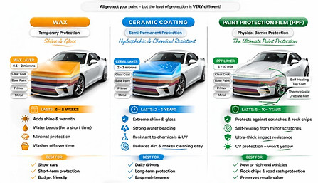 Difference between ceramic coating, wax and PPF on car paint protection