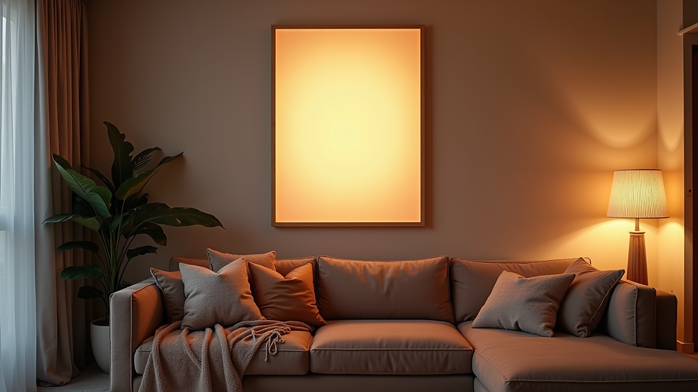 Eye-level view of a cozy living room corner with framed glow-up wall art on the wall