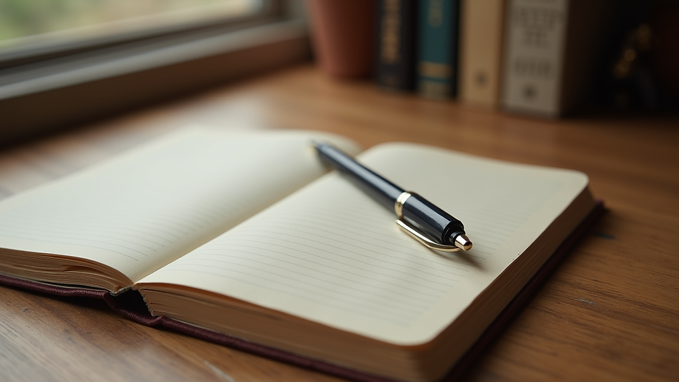 Eye-level view of a cozy journal and pen on a wooden table