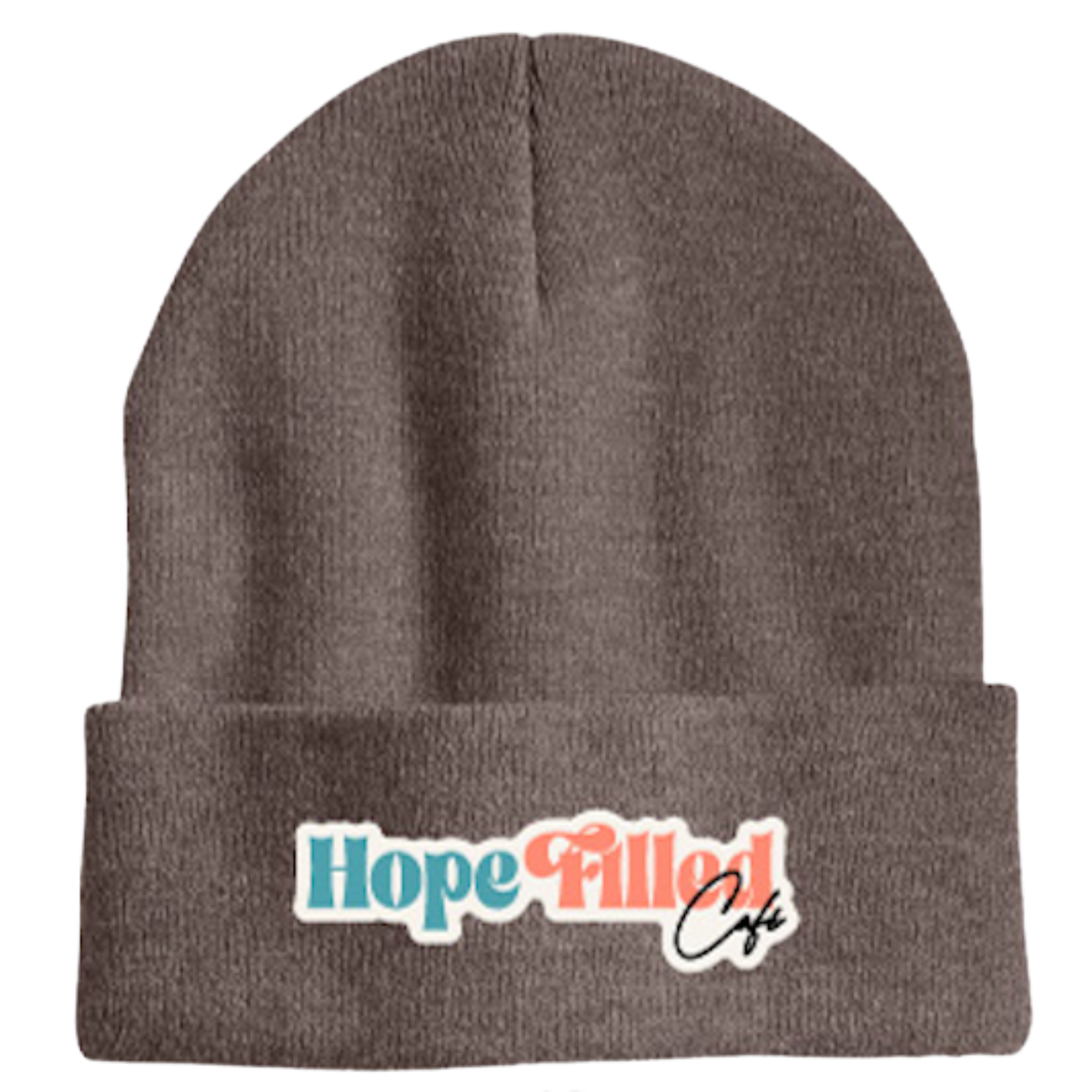 Hope Filled Café Embroidered Beanie - Heather Chocolate Brown