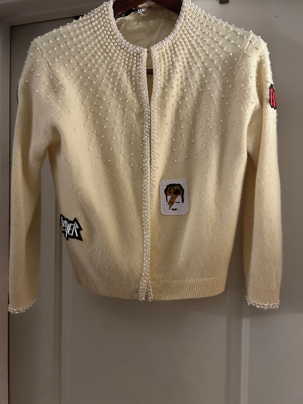 Thumbnail: Nat Allen Custom Pearl Detail Sweater Reworked [Patches Not Original to Piece]