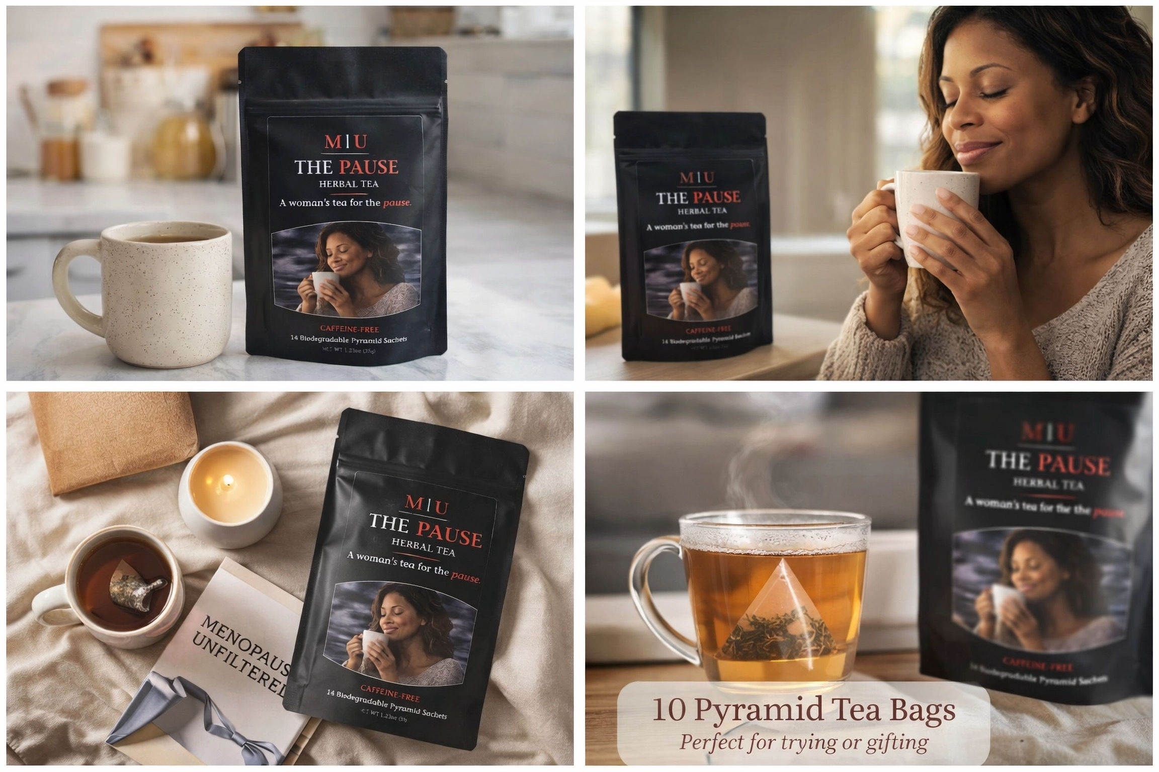 The Pause Tea Bag and tea cup filled with tea by Menopause Unfiltered