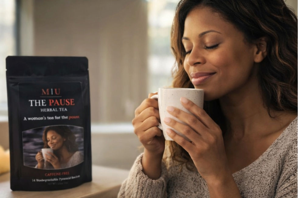 The Pause Tea Bag and tea cup filled with tea by Menopause Unfiltered