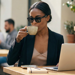 Black woman drinking coffee at a cafe'.