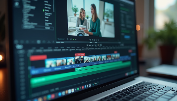 Close-up view of a video editor working on a timeline with corporate footage on a computer screen