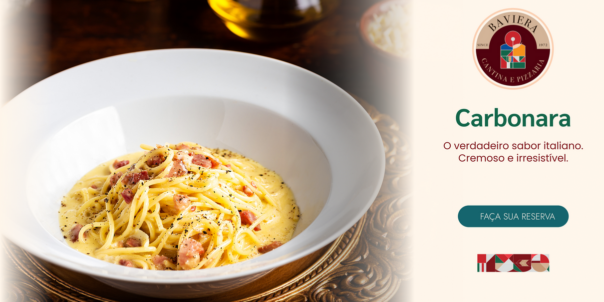 Espaguete à Carbonara tradicional com molho cremoso, pedaços de bacon - Cantina Baviera Curitiba